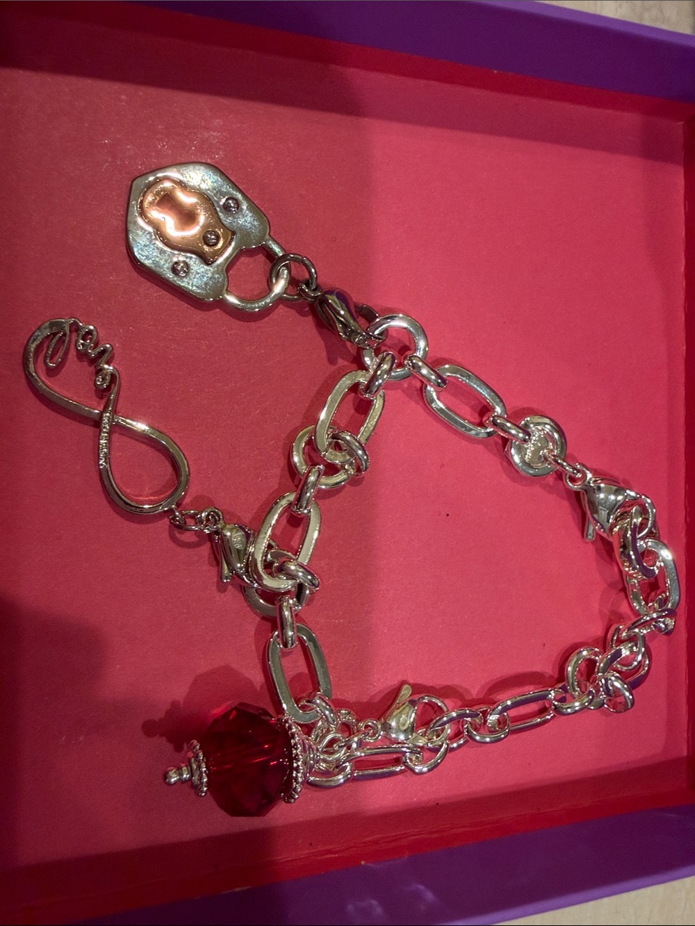 Origami Owl Silver-Link Bracelet with Red Faceted Charm